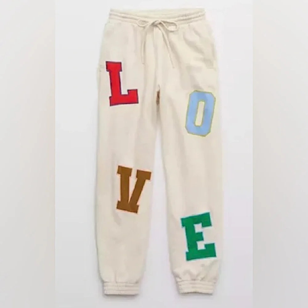 Aerie Offline XS Ivory LOVE Patchwork Jogger Sweatpants Real Me Lounge
